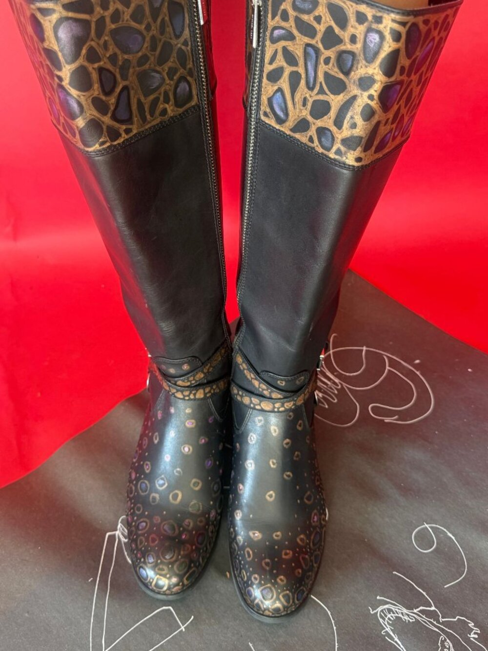 Hand Painted Leather Riding Boots | Gold Mosaic Knee High Boots, Unique